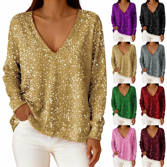 VJGBEGW Women All Over Sequin Long Sleeve V Neck Tunic Top Loose Fit Sparkly Glitter Dressy Blouse Casual Shirts Black L
