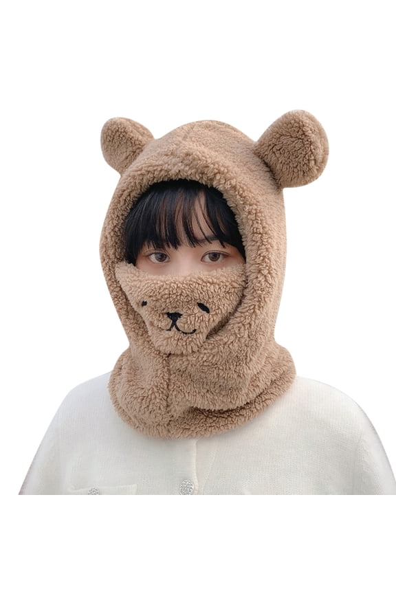 Women Cute Bear Ear Hooded Scarf 2 In 1 Winter Hat Plush Fleece Lined Windproof Face Cover Balaclava Warm Neck Gaiter Hat Khaki One Size