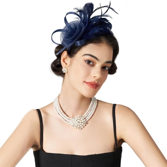 VJGBEGW Women Elegant Mesh Floral Fascinator Headband Layered Loopy Mesh Soft Hair Hoop Vintage Formal Tea Party Wedding Derby Race Headpiece Navy One Size