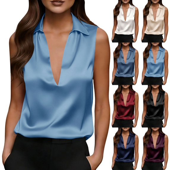 VJGBEGW Women Elegant Satin Collared Sleeveless Blouses Deep V Neck Silky Tank Tops Loose Fit Camis Shirts Tops Beige L