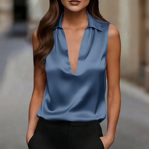 VJGBEGW Women Elegant Satin Collared Sleeveless Blouses Deep V Neck Silky Tank Tops Loose Fit Camis Shirts Tops Blue XL