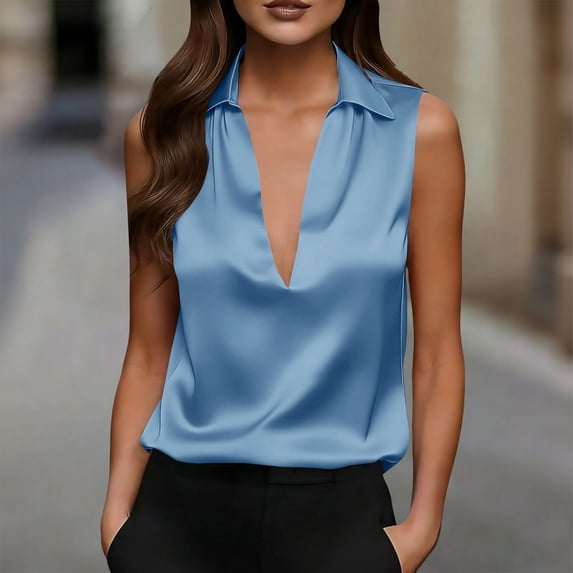 VJGBEGW Women Elegant Satin Collared Sleeveless Blouses Deep V Neck Silky Tank Tops Loose Fit Camis Shirts Tops Sky Blue S