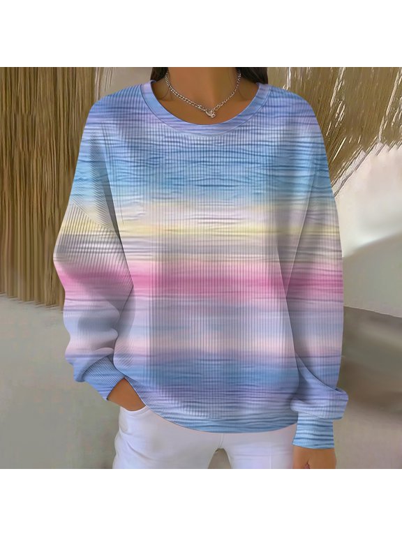 Women Gradient Ribbed Long Sleeve Sweatshirt Crew Neck Loose Fit Pullover Tops Casual Drop Shoulder Sweatshirts Blue S