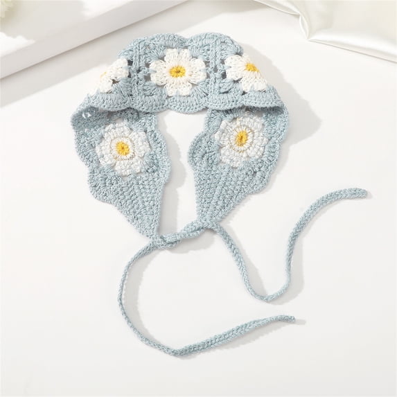 VJGBEGW Women Handmade Floral Crochet Knit Tie Back Headband Boho Hollow Flower Hair Wrap Adjustable Breathable Elastic Hairband for Beach Travel Light Blue One Size