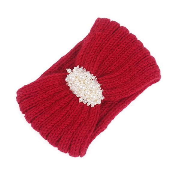 VJGBEGW Women Knitted Headband with Pearl Rhinestone Decor Soft Stretch Ribbed Crochet Hair Wrap Accessories Wine