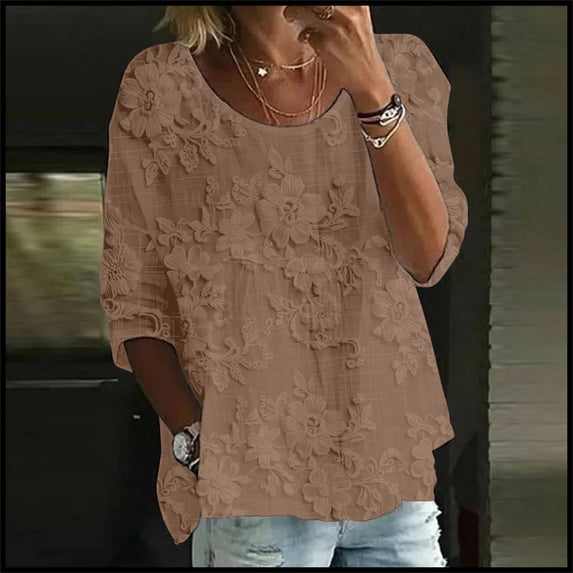 VJGBEGW Women Linen Shirts Flower Printed 3/4 Sleeve Crew Neck Boho Gauze Tops Lightweight Ladies Blouses Loose Fit Tunics Khaki 3XL
