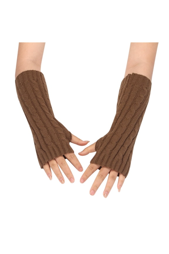 Women Long Cable Knit Fingerless Arm Warmers Warm Elastic Half Finger Knitted Wrist Cuffs Matching Various Solid Colors Brown One Size