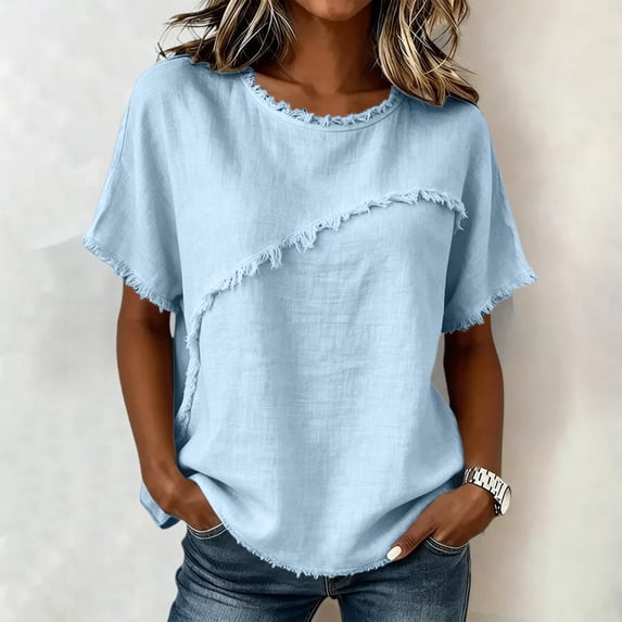 VJGBEGW Women Loose Round Neck t-Shirt Fringe Raw Edge Spliced Short Sleeve Blouse Cotton Linen Casual Tops Light Blue XL