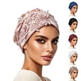 thumbnail image 1 of VJGBEGW Women Luxury Satin Pre-Tied Turban Hat 3D Floral Lace Rhinestone Decor Elegant Head Wrap, 1 of 4