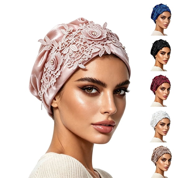 VJGBEGW Women Luxury Satin Pre-Tied Turban Hat 3D Floral Lace Rhinestone Decor Elegant Head Wrap