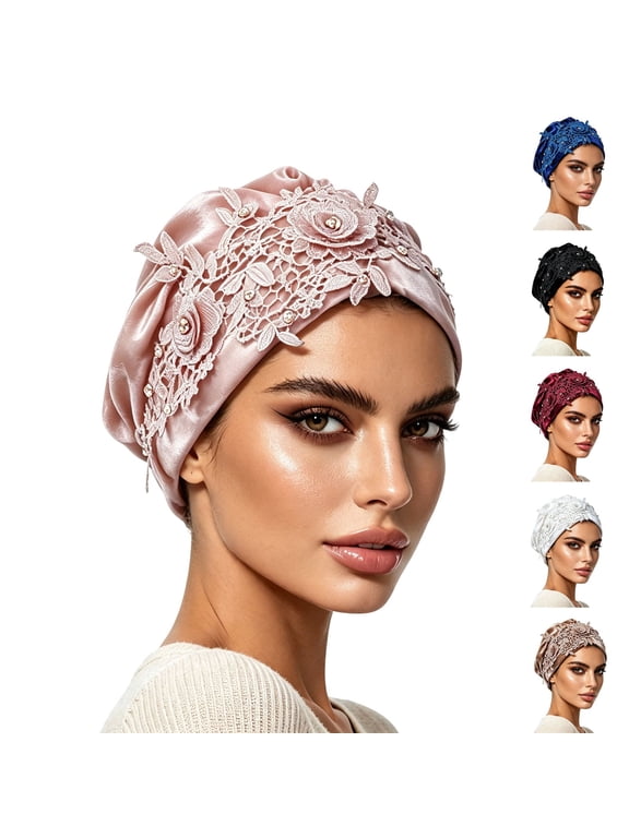 Women Luxury Satin Pre-Tied Turban Hat 3D Floral Lace Rhinestone Decor Elegant Head Wrap