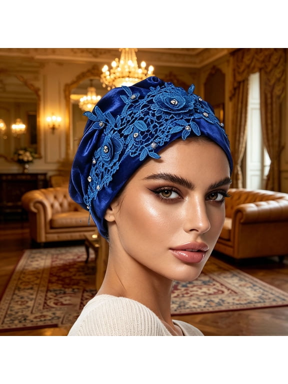 Women Luxury Satin Pre-Tied Turban Hat 3D Floral Lace Rhinestone Decor Elegant Head Wrap Breathable Sleep Cap Chemo Beanie Blue One Size