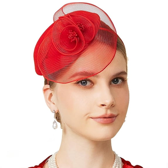 VJGBEGW Women Mesh Floral Pillbox Fascinator Hat Organza Flower Cocktail Tea Party Headpiece Elegant Formal Wedding Church Headwear Clip Hat Red One Size