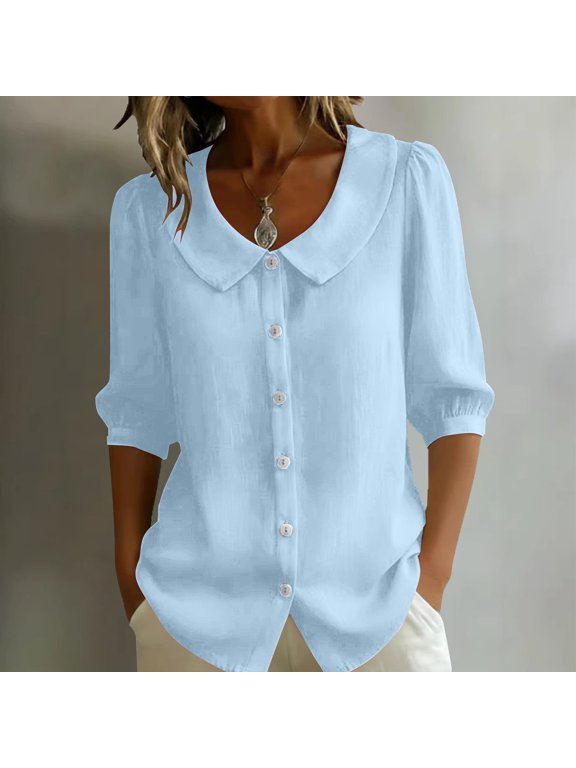Women Peter Pan Collar Blouses Half Puff Sleeve Button Down Plain Color Shirts Comfy Summer Casual Dressy Tops Light Blue M
