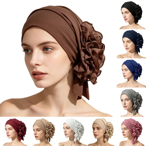 VJGBEGW Women Pre-Tied Ruffled Turban Head Wrap Soft Stretch Ruffle Floral Side Head Scarf Breathable Chemo Cap for Hair Loss Beige One Size