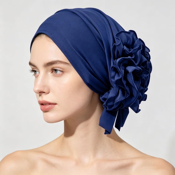 VJGBEGW Women Pre-Tied Ruffled Turban Head Wrap Soft Stretch Ruffle Floral Side Head Scarf Breathable Chemo Cap for Hair Loss Blue One Size