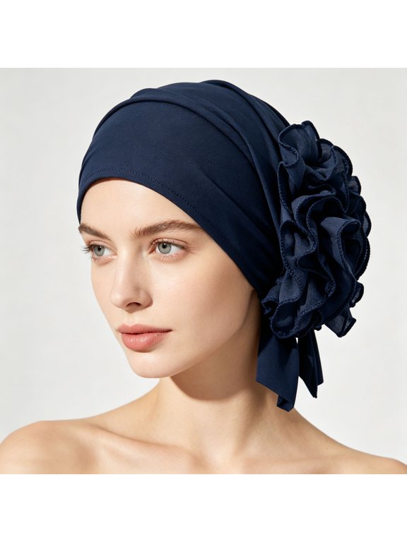 Women Pre-Tied Ruffled Turban Head Wrap Soft Stretch Ruffle Floral Side Head Scarf Breathable Chemo Cap for Hair Loss Navy One Size