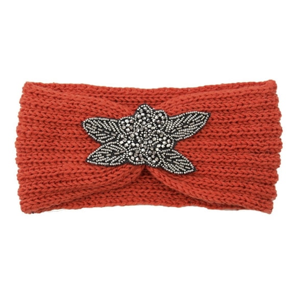 VJGBEGW Women Sequin Knitted Hairband Flower Rhinestone Beaded Ear Warmer Wide Head Wrap Wide Warm Hairbands Orange