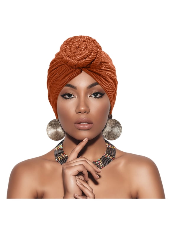 Women Shimmer Ribbed Pre-Tied African Turban Head Wrap Knotted Crochet Top Stretch Hair Turban Cap Soft Head Scarf Orange One Size