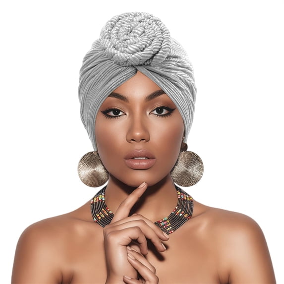 VJGBEGW Women Shimmer Ribbed Pre-Tied African Turban Head Wrap Knotted Crochet Top Stretch Hair Turban Cap Soft Head Scarf Silver One Size