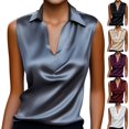 thumbnail image 1 of VJGBEGW Women Sleeveless Collared Satin Blouse Draped Cowl V Neck Silky Glossy Tank Tops Elegant Satin Vest Shirt For Summer Black L, 1 of 5