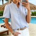 thumbnail image 1 of VJGBEGW Women Striped Blouses Spring Summer Ruffle Collar Puff Sleeve Button Down Shirts Business Casual Tops Blue M, 1 of 7