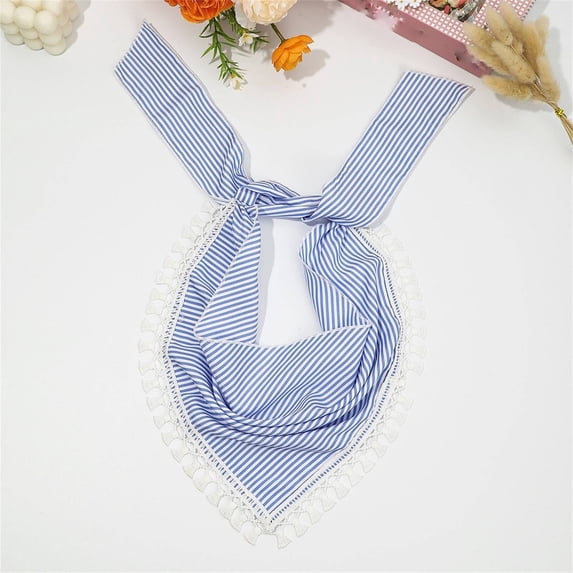 VJGBEGW Women Striped Triangle Bandana Headscarf with Tassel Lace Trim Adjustable Tie Back Breathable Fabric Hair Kerchief Blue One Size