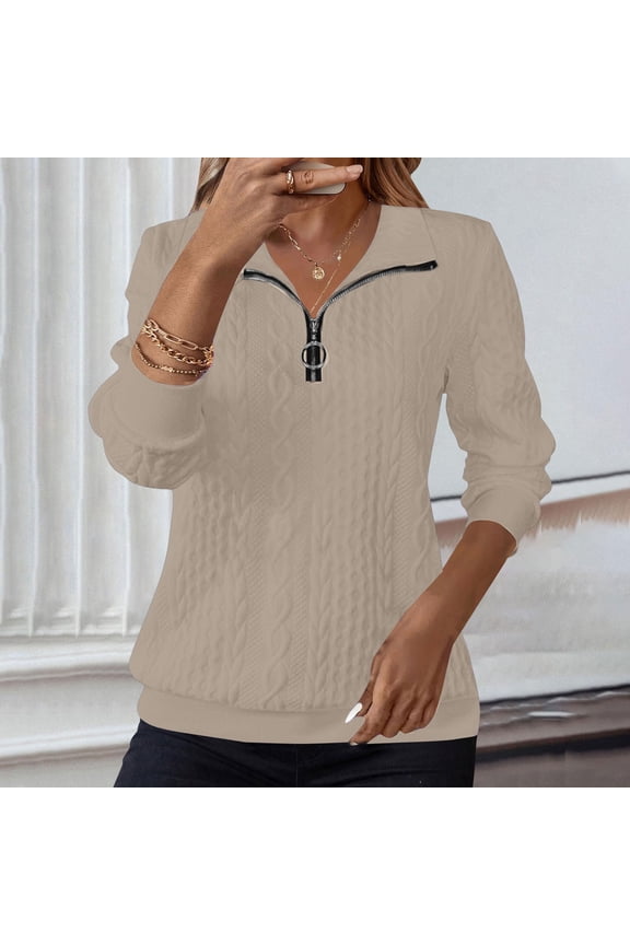 Women Textured Quilted 1/4 Zip Pullover Comfort Half Zip Fall Sweatshirt Cozy Pullover Tops Cable Knit Sweater Light Ashy S