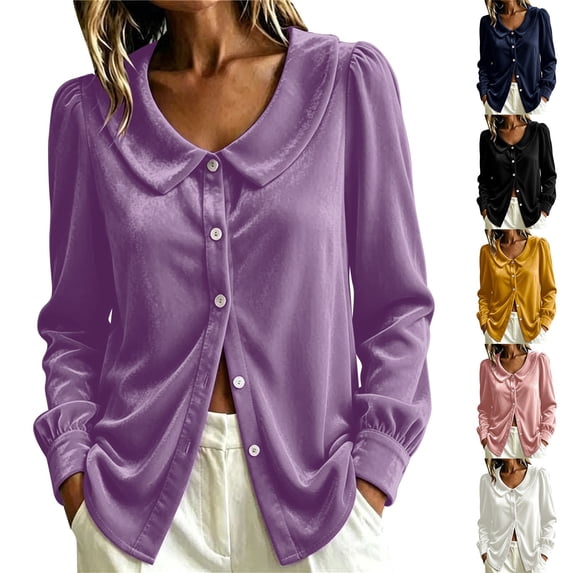 VJGBEGW Women Velvet Peter Pan Collar Button Down Blouses Long Sleeve oft Velour Shirts Loose Fit Dressy Casual Tops Black L