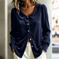 thumbnail image 1 of VJGBEGW Women Velvet Peter Pan Collar Button Down Blouses Long Sleeve oft Velour Shirts Loose Fit Dressy Casual Tops Navy L, 1 of 6