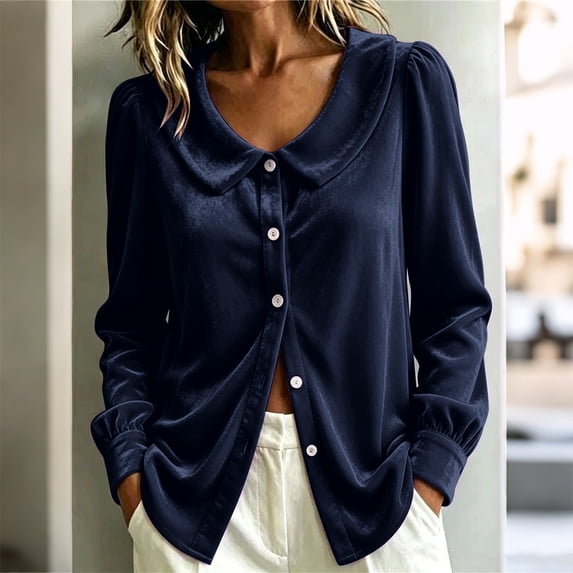 VJGBEGW Women Velvet Peter Pan Collar Button Down Blouses Long Sleeve oft Velour Shirts Loose Fit Dressy Casual Tops Navy L
