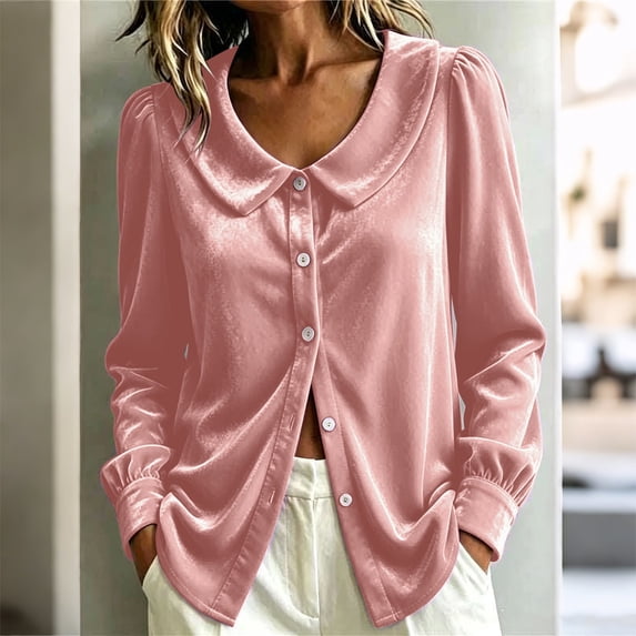 VJGBEGW Women Velvet Peter Pan Collar Button Down Blouses Long Sleeve oft Velour Shirts Loose Fit Dressy Casual Tops Pink XL