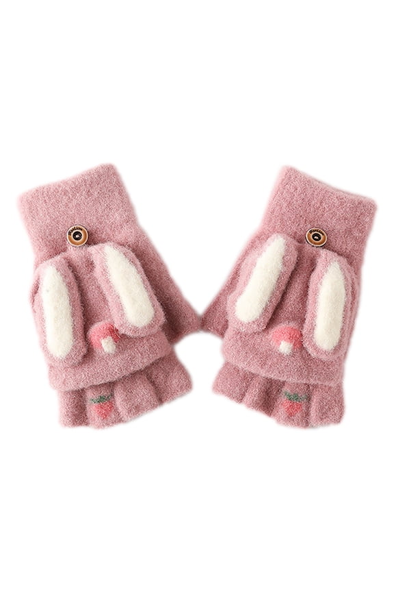 Women Winter Convertible Gloves Cute Rabbit Ears Plush Mittens Warm Soft Flip Top Fingerless Gloves for Typing Thick Knit Gloves for Women