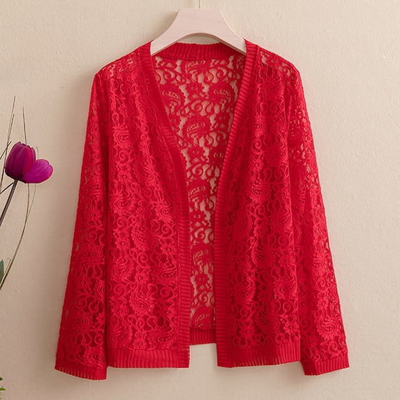 VJGBEGW Women's Boho Hollow Out Knitted Cardigan Long Sleeve Open Front Knit Sweater for Summer Beach Cover-Up Red 5XL