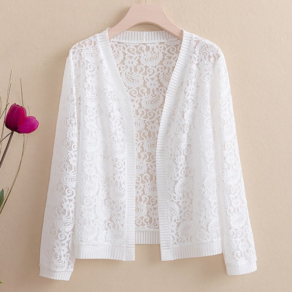 VJGBEGW Women's Boho Hollow Out Knitted Cardigan Long Sleeve Open Front Knit Sweater for Summer Beach Cover-Up White XL