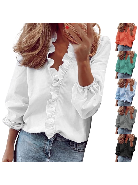 Women's Casual Loose Fit Shirts Plain Ruffle Trim V Neck Tops Elastic Cuff Puff Long Sleeve Lightweight Breathable Summer Fall Blouses Blue L