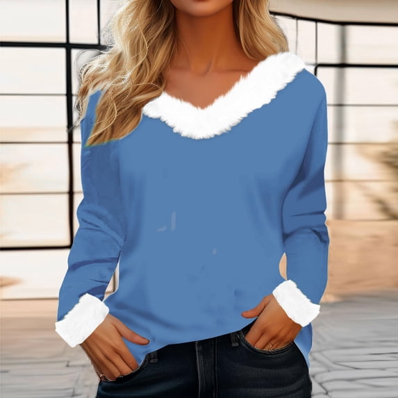 VJGBEGW Women's Christmas Long Sleeve T-Shirt with White Furry V-Neck & Cuffs Festive Holiday Top for Winter Parties & Casual Wear Sky Blue 4XL