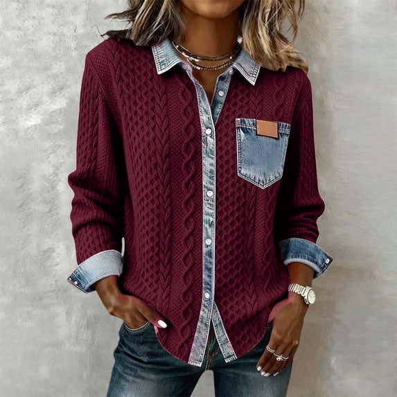 VJGBEGW Women's Chunky Knit Denim Patchwork Sweatshirt Long Sleeve Button-Down Shirt with Chest Pocket Casual Fall Winter Tops Wine M