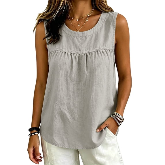 VJGBEGW Women's Cotton Linen Blend Tank Tops Summer Casual Loose Fit Round Neck Sleeveless Tops Summer Tops for Daily Wear and Vacation Light Violet S
