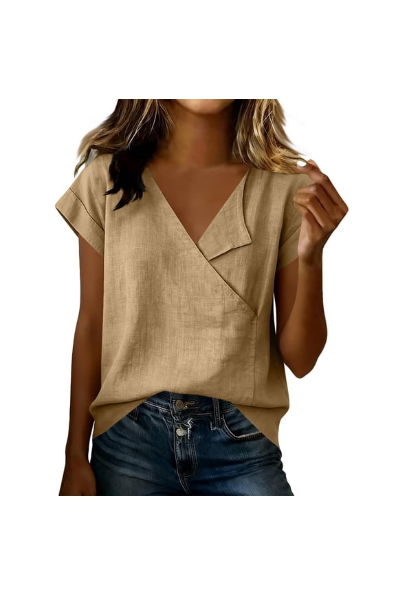 Women's Cotton Linen Shirts Wrap V Neck Short Sleeve Blouse Summer Casual Loose Fit Tunic Tops Khaki M