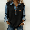 thumbnail image 1 of VJGBEGW Women's Denim Patchwork Sweatshirts Henley Button Lapel Collar Long Sleeve Shirt Color Block Loose Fit Pullover Tops Black XL, 1 of 9