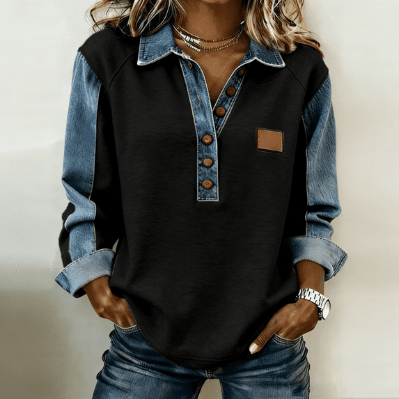VJGBEGW Women's Denim Patchwork Sweatshirts Henley Button Lapel Collar Long Sleeve Shirt Color Block Loose Fit Pullover Tops Black XL