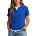 thumbnail image 1 of VJGBEGW Women's Fashion Fake Two-Piece Henley Neck Short Sleeve T-Shirt Casual Loose Fit Basic Tee Top Breathable Cotton Blend Shirt Blue XL, 1 of 6