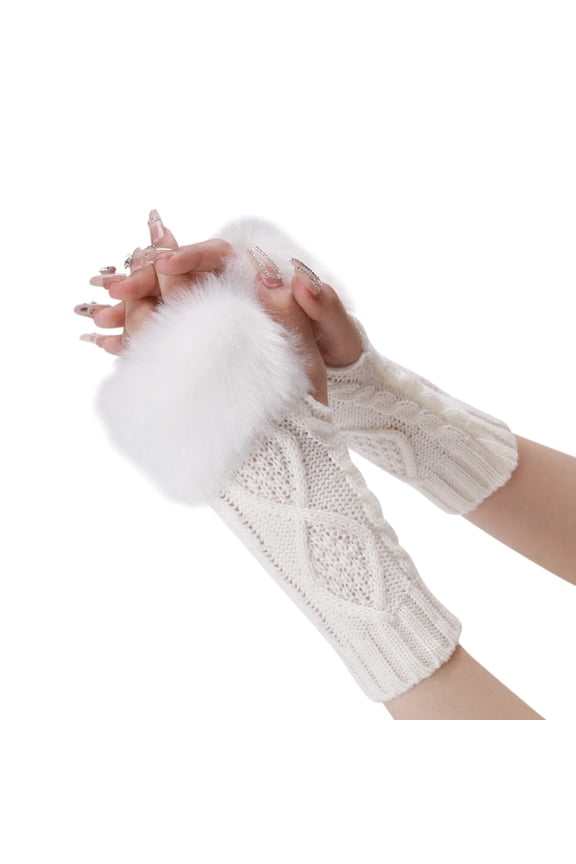 Women’s Faux Fur Cuff Cable Knit Fingerless Gloves, Warm Thick Cropped Half Finger Wrist Warmers Knitted Arm Cuffs for Typing White One Size