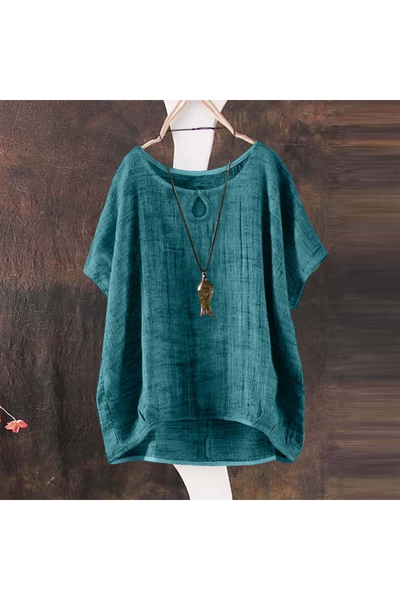 Women's Linen Cotton Blend Short Sleeve Tops Plus Size Crew Neck With Keyhole Detail Loose Fit Summer Gauze Casual Blouses Blue 2XL