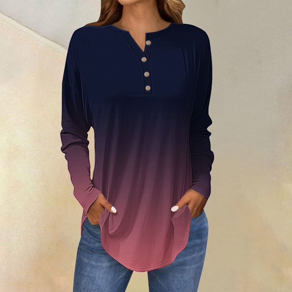 VJGBEGW Women's Long Sleeve Henley Top with Drop Shoulder & Curved Hem Casual Gradient Button Tunic Blouse for Fall & Winter Light Violet M