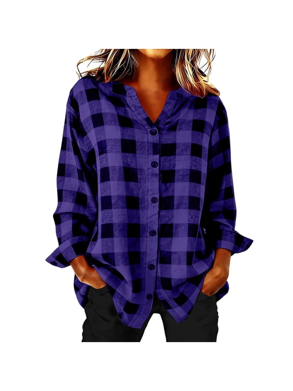 Women's Long Sleeve Plaid Tunic Shirt Button Down V-Neck Plaid Checkered Loose Fit Blouse Casual Daily Wear Tops Purple 2XL