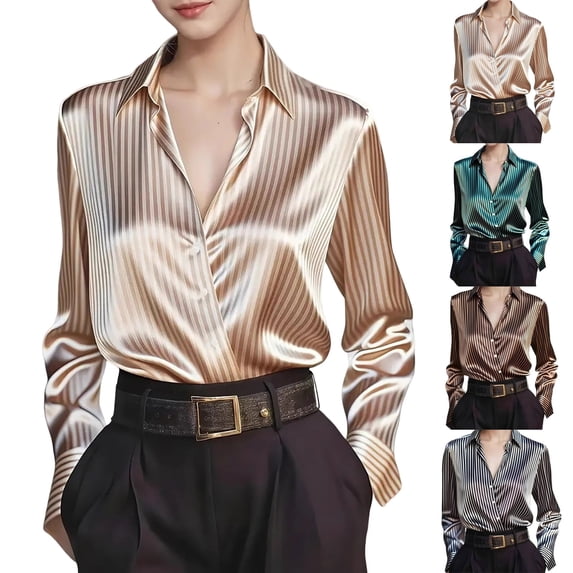 VJGBEGW Women's Satin Button Down Shirts V-Neck Long Sleeve Tops Striped Business Office Silky Blouses Fashion Spring Shirts Black L