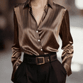 thumbnail image 1 of VJGBEGW Women's Satin Button Down Shirts V-Neck Long Sleeve Tops Striped Business Office Silky Blouses Fashion Spring Shirts Brown XL, 1 of 6