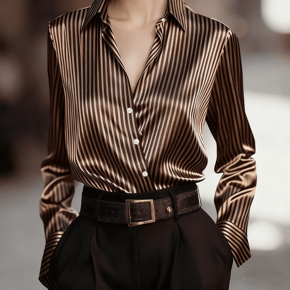 VJGBEGW Women's Satin Button Down Shirts V-Neck Long Sleeve Tops Striped Business Office Silky Blouses Fashion Spring Shirts Brown XL